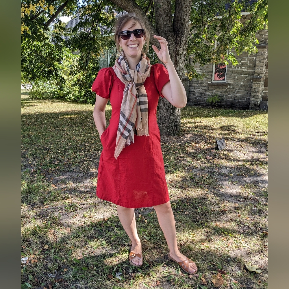 Grae Cove Linen Blend Summer Dress, Medium, Red Puff Sleeves